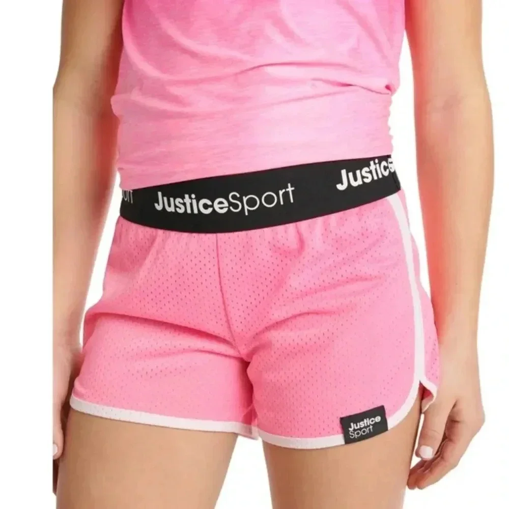 Justice Girls Core Solid Mesh Shorts Flash Pink/Black Elastic Waist Size Medium